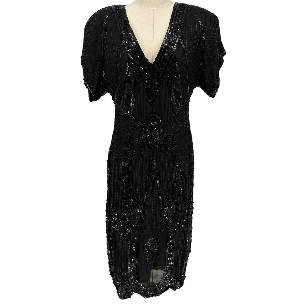 Vintage Beaded Silk Flapper Dress Black Sequin Art Deco Keyhole Large 100% Silk